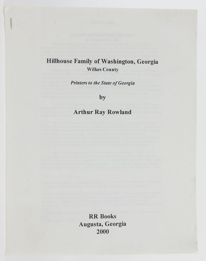 Hillhouse family of Washington, Georgia, Wilkes County : printers to the state of Georgia