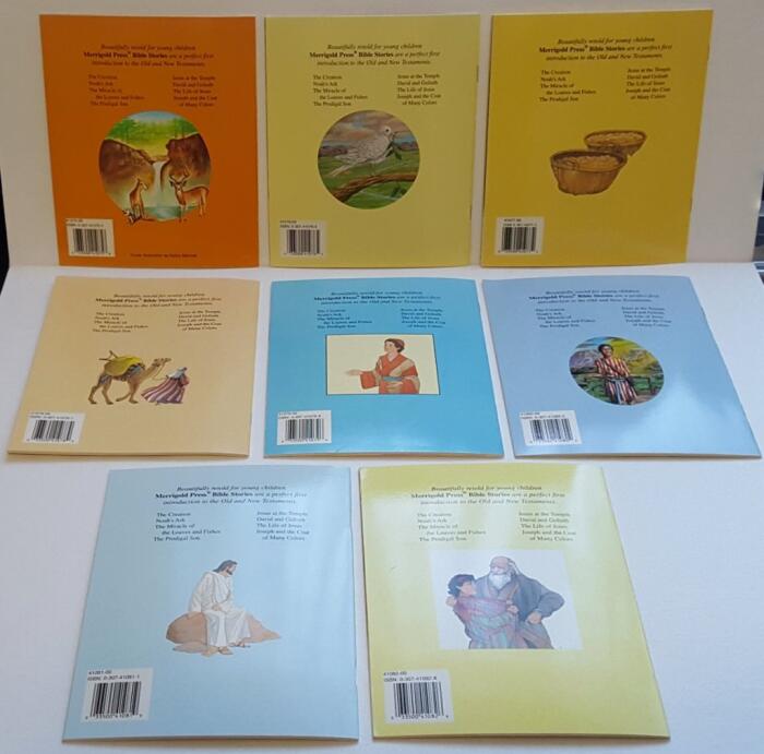 Complete Set of 8 Merrigold Bible Stories: "The Creation", "Noah's Ark", "Miracle of the Loaves and Fishes", "Prodigal Son", "Jesus at the Temple", "David & Goliath", "Life of Jesus", "Joseph & Coat of Many Colors"
