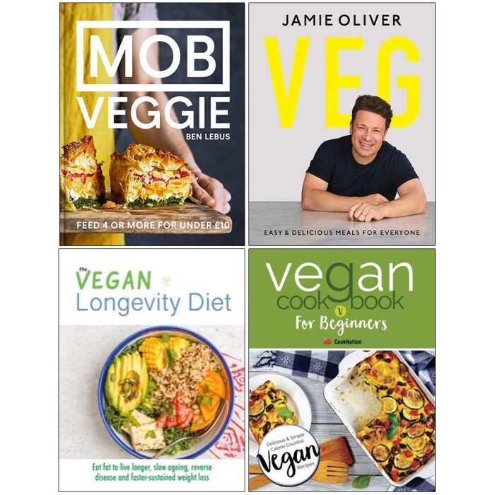 Mob Veggie [Hardcover], Veg Jamie Oliver [Hardcover], The Vegan Longevity Diet, Vegan Cookbook For Beginners 4 Books Collection Set
