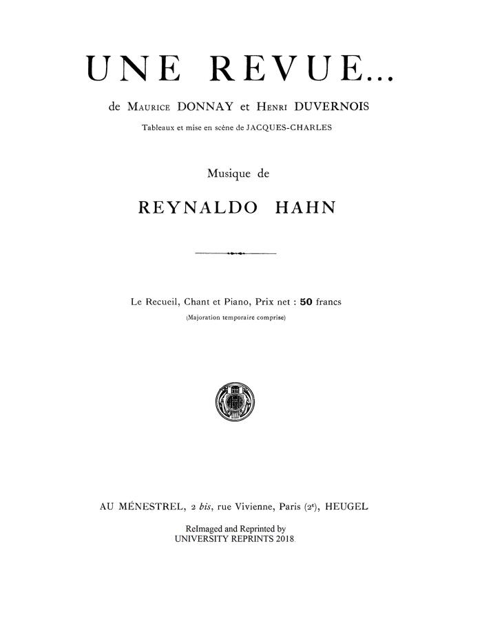 UNE REVUE, Comédie musicale for Voice and Piano