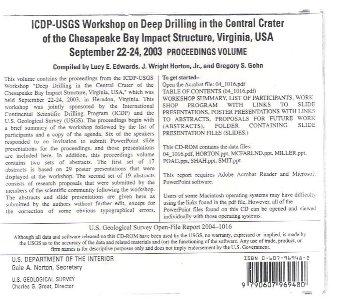 Proceedings Volume Icdp Usgs Workshop On Deep Drilling In The Central Crater Of The Chesapeake Bay Impact Structure, Virginia, Usa, September 22 24, 2003, Herndon, Virginia