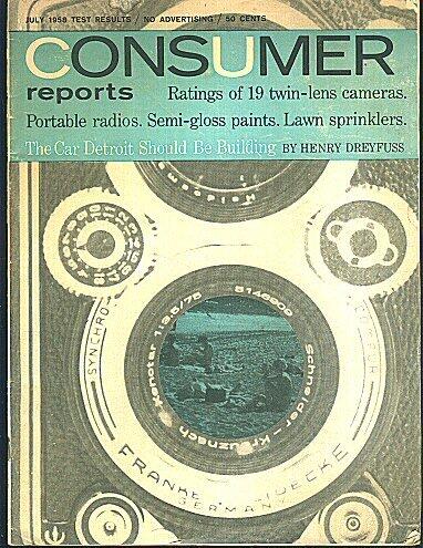 Consumer Reports July 1958 - Ratings of 19 Twin-lens Cameras, Portable Radios, Semi-gloss Paints, The Car Detroit Should Be Building