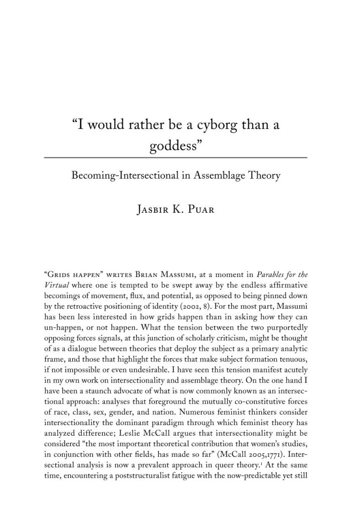 "I would rather be a cyborg than a goddess": Becoming-Intersectional in Assemblage Theory