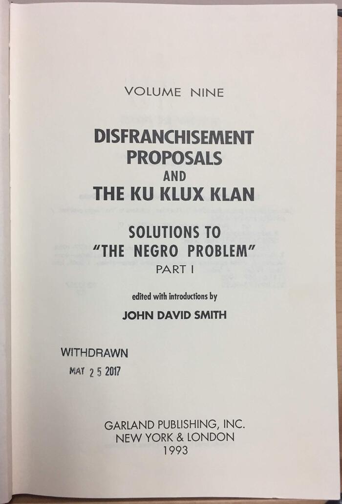 Disfranchisement Proposals and the Ku Klux Klan