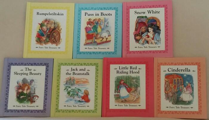 Fairy Tale Treasury, Puss in Boots, Rumplestiltskin, The Sleeping Beauty, Jack and the Beanstalk, Little Red Riding Hood, Snow White, Cinderella.