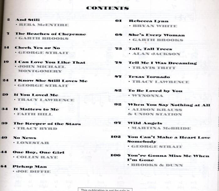 Top Country Hits of 1995 - 1996 : And Still; The Beaches of Cheyenne; Cheek yes or No; If You Loved Me; No News; Pickup Man; Rebecca Lynn; Tall, Tall Trees; Texas Tornado; Wild Angels; When You Say Nothing At All; She's Every Woman; It Matters to Me