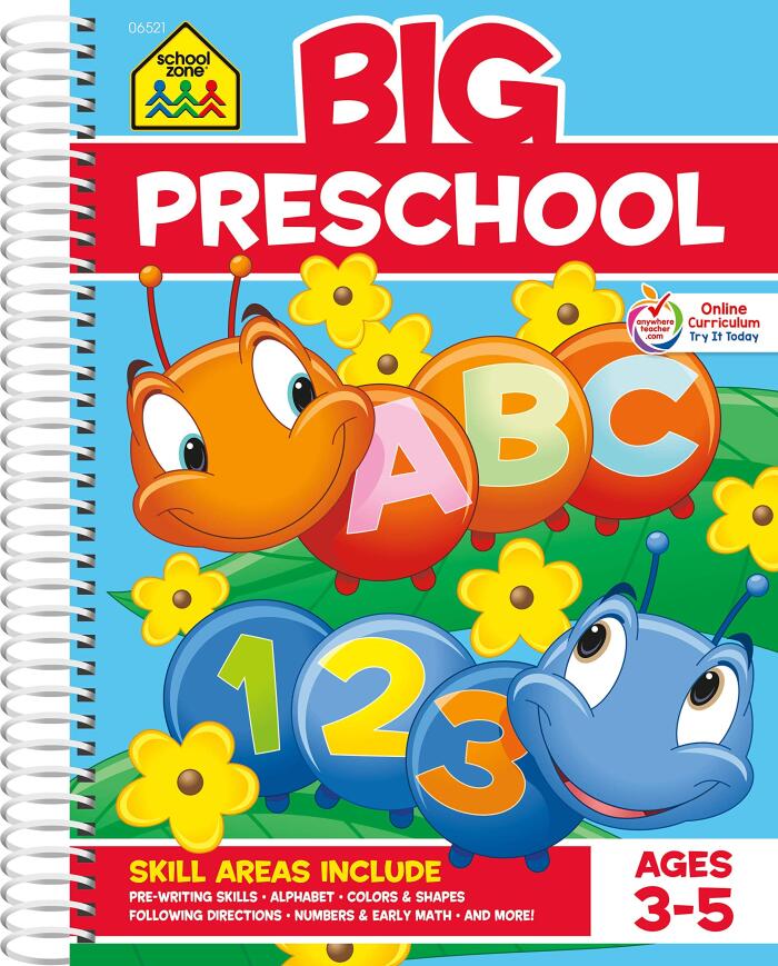 School Zone Big Preschool Workbook: 320 Spiral-Bound Pages, Pre-K, Colors, Shapes, Numbers, Early Math, Alphabet, Pre-Writing, Phonics, Following Directions, Ages 3-5
