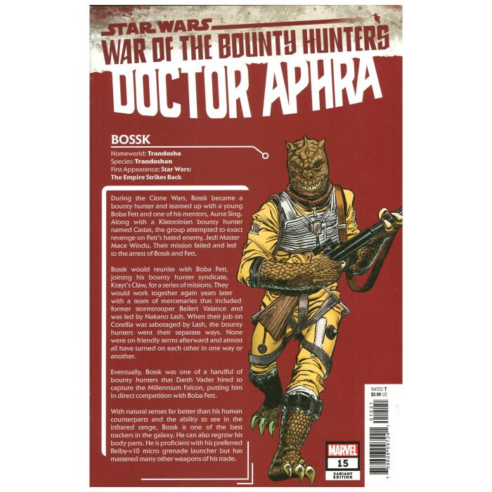 Star Wars Doctor Aphra #15 Ron Frenz Handbook Variant Bossk