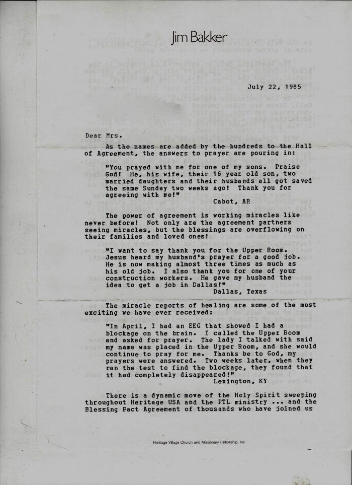 Jim Bakker letter of July 22, 1985: send your gift!