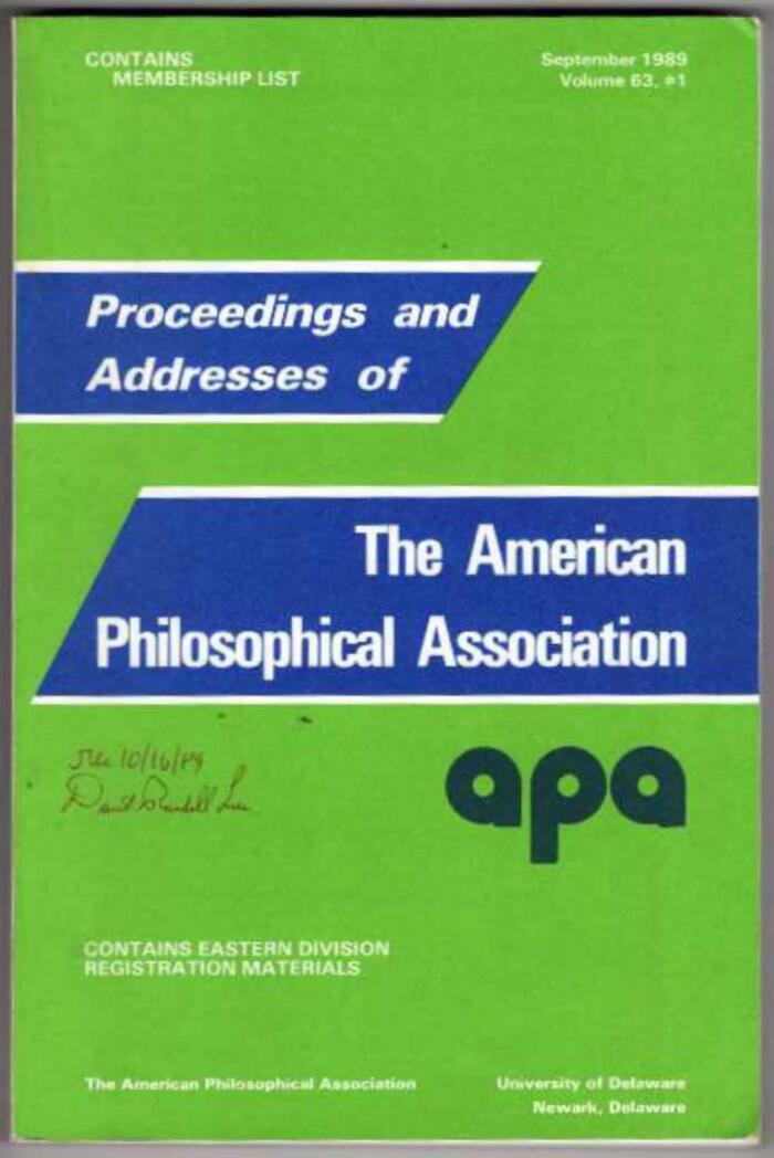 Proceedings and Addresses of The American Philosophical Association (APA) September 1989. Volume 63, #1