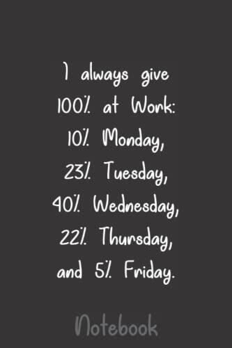 I always give 100% at Work 10% Monday, 23% Tuesday, 40% Wednesday, 22% Thursday, and 5% Friday.: Elegant Notebook Gift for Random Ideas/ Thoughts.