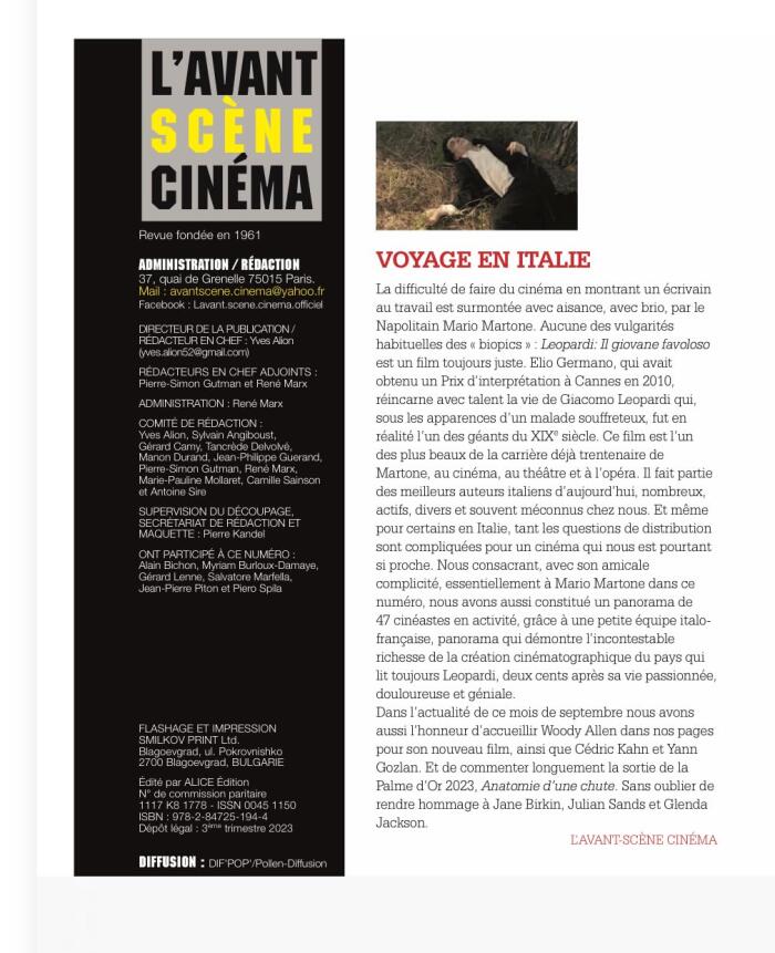 L´Avant-Scène Cinéma n° 705 : Leopardi, il giovane favoloso de Mario Martone - Septembre 2023