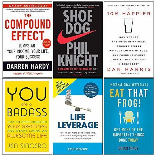 Compound Effect, Shoe Dog, 10% Happier, You Are a Badass, Life Leverage, Eat That Frog 6 Books Collection Set
