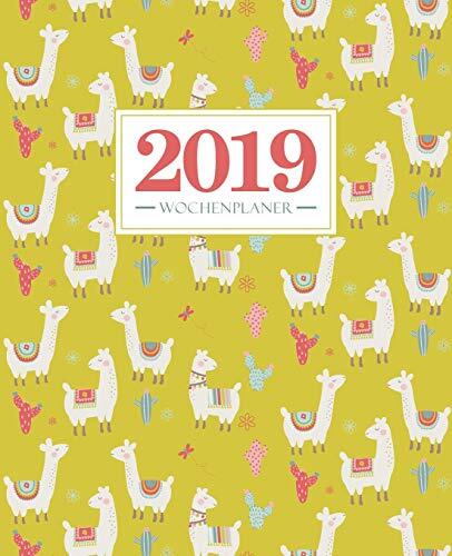 Wochenplaner 2019 (19 x 23 cm): Lamas und Roter Kaktus auf Gelb