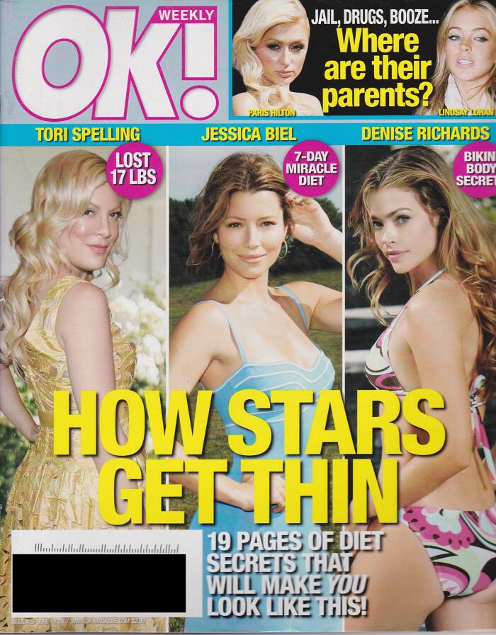OK Weekly Magazine Back Issue - June 18, 2007 - featuring Tori Spelling, Jessica Biel, and Denise Richards bikini cover - How Stays Get Thin: 19 Pages of Diet Secrets